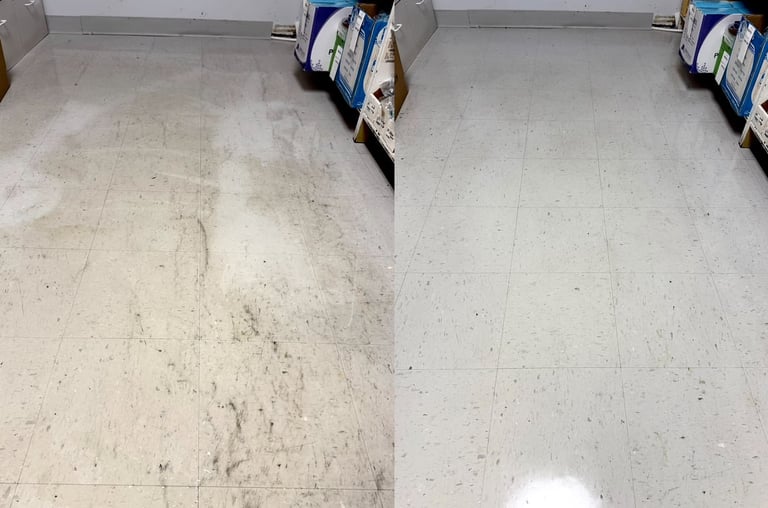 Before and after comparison of tile floor cleaning, showing dirty speckled surface on left and clean polished surface on right