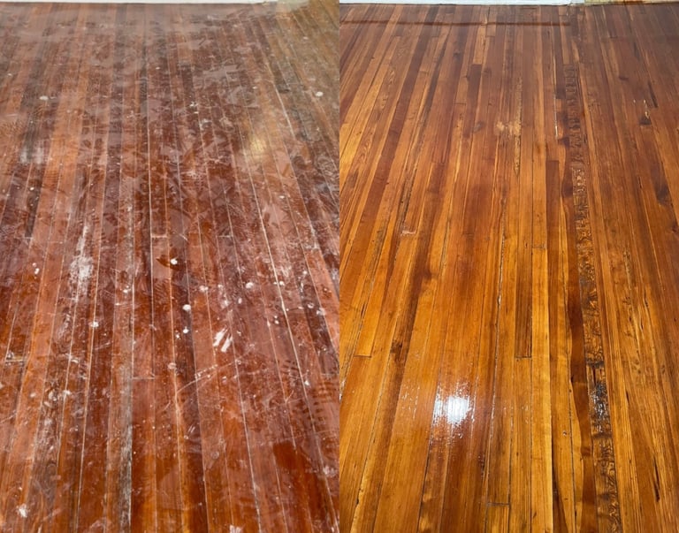 Before and after comparison of hardwood floor restoration, showing dull worn surface next to polished shiny finish