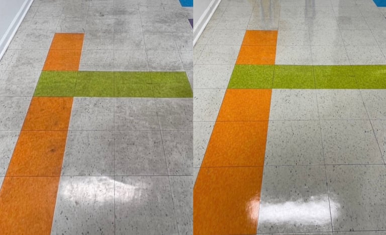 Two overhead views of floor with orange and yellow-green directional lines painted on concrete surface